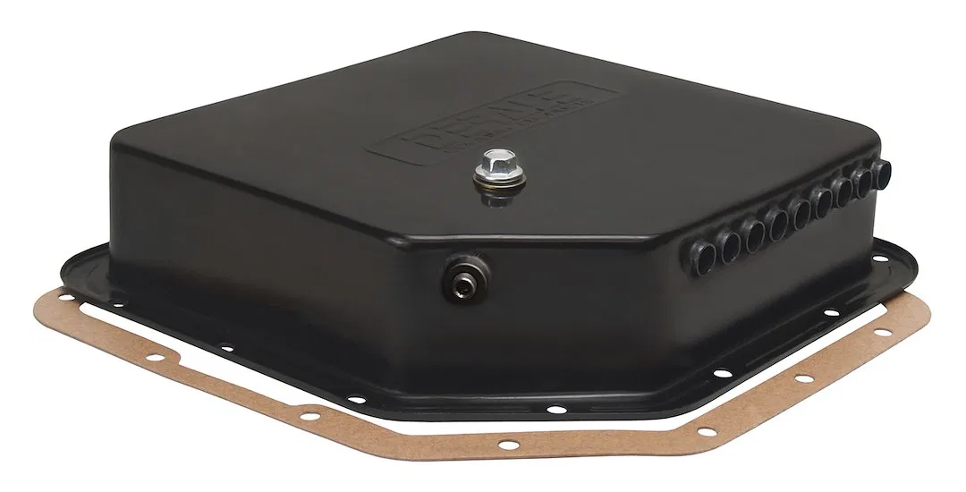 14200 – DERALE Auto Trans Oil Pan, GM Turbo 350 Extra 2 Quarts Capacity Black Steel With Magnetic Drain Plug